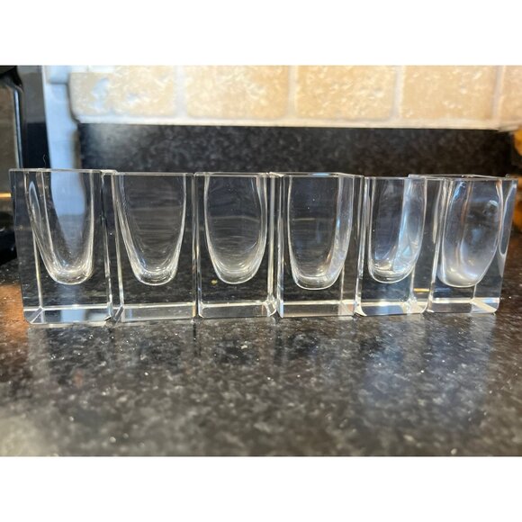 Vintage 1960's Square Shot Crystal Glasses Clear Single Shot 2” Tall Set Of 6